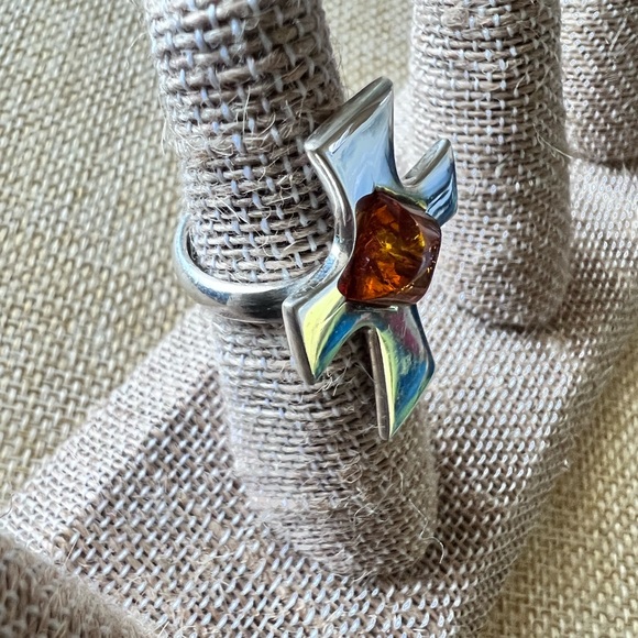 .925 & Amber Baltic Cross Ring Size 5 3/4 - Picture 3 of 9